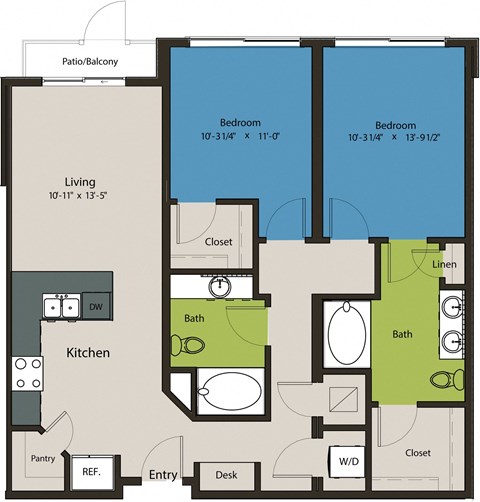 Floor plan for 2 beds, 2 baths, 1079 sqft